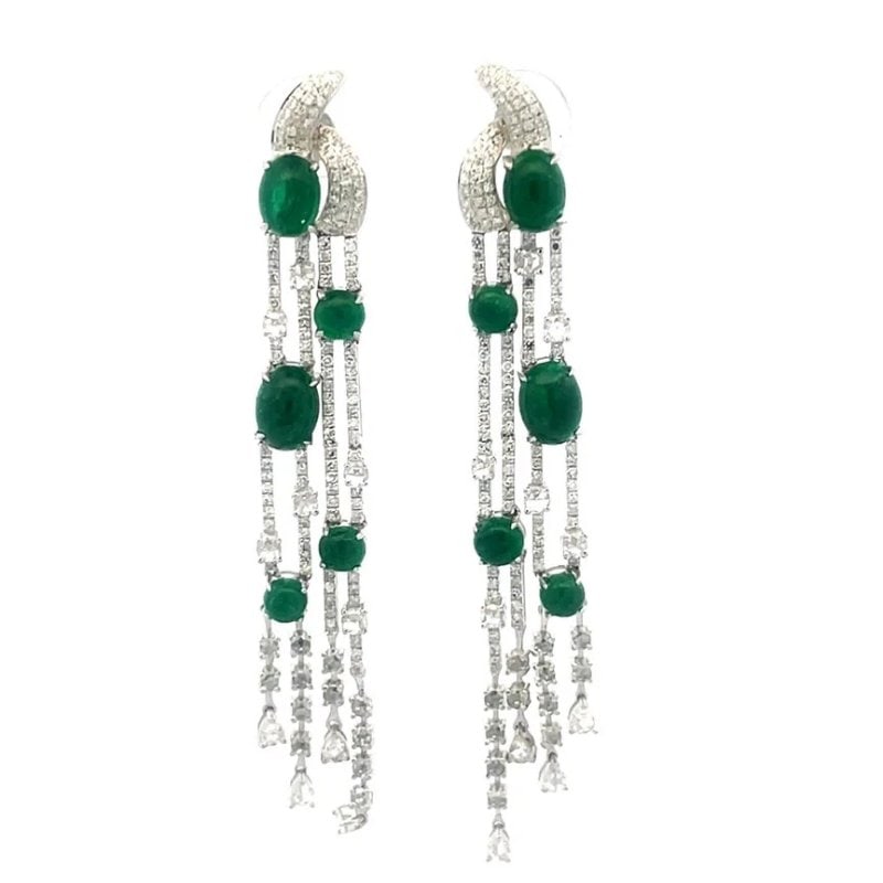 Emerald Diamond Gold Earrings 18k White 6.5ct 4 Strand Dangle Style