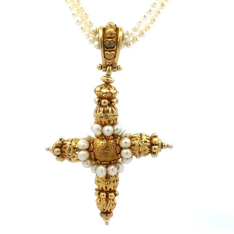 Gold Pearls Cross Pendant Byzantine/Etruscan Revival-Style 14k vintage: This is an exotic ornate vintage gold and seed pearl Cross pendant featuring 14k yellow gold Etruscan Revival byzantine inspired jewelry. The Cross showcases filigree granulated gold work decorated wi