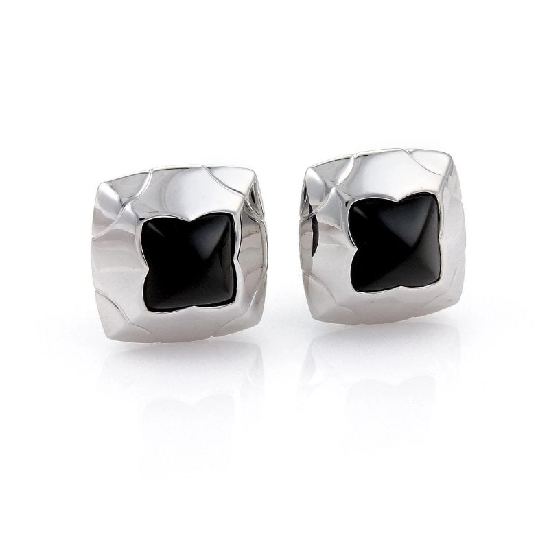 Bvlgari Onyx Gold Earrings 18k White Floral Pyramid Clip On Style