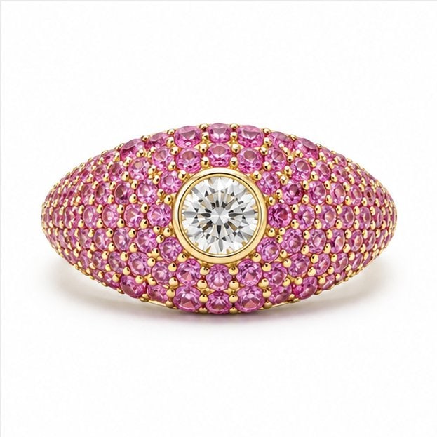 14KT YELLOW GOLD PAVE PINK SAPPHIRE AND DIAMONDS RING: 14KT GOLD WT. APPROX. 1.6 GRAMDIAMOND WT. APPROX. 0.11 CARAT / 1 PCSPINK SAPPHIRE WT. APPROX. 0.64 CARAT / 126 PCSSIZE: 7