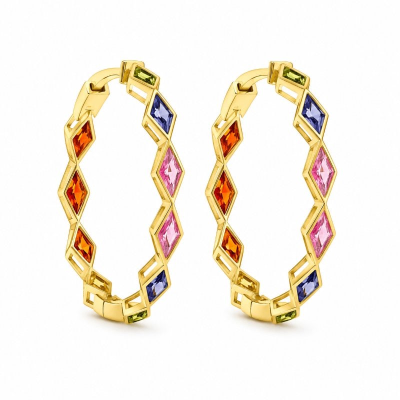 14KT YELLOW GOLD MULTI SAPPHIRE HOOP EARRINGS: 14KT YELLOW GOLD MULTI SAPPHIRE KITE-SHAPED HOOP EARRINGS14KT GOLD WT. APPROX. 5.34 GRAMM. SAPPHIRE WT. APPROX. 2.76 CARAT / 20 PCSSIZE APPOX. - 29 MM x 30 MM