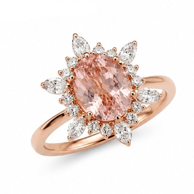 14KT ROSE GOLD MORGANITE AND DIAMONDS RING: 14KT GOLD WT. APPROX. 2.668 GRAMDIAMOND WT. APPROX. 0.64 CARAT / 18 PCS.MORGANITE WT. APPROX. 1.72 CARAT/ 1 PCSSIZE: 7