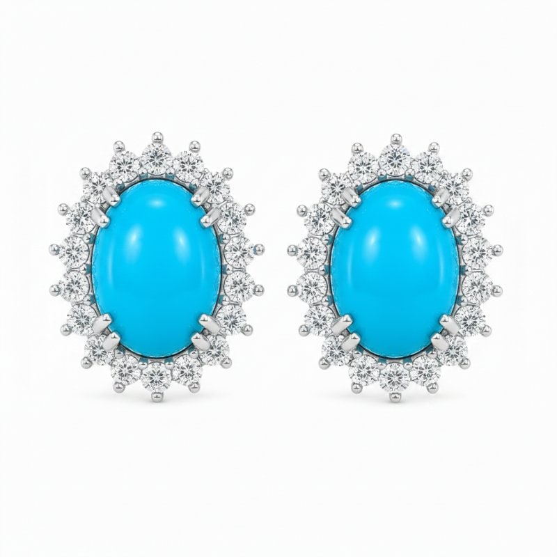 14KT GOLD TURQUOISE AND DIAMONDS EARRING: 14KT WHITE GOLD TURQUOISE AND DIAMONDS EARRING14KT GOLD WT. APPROX. 2.73 GRAMDIAMOND WT. APPROX. 0.68 CARAT / 44 PCSTURQUOISE WT. APPROX. 6.65 CARAT/ 02 PCSSIZE APPROX. - 15 MM X 13 MM