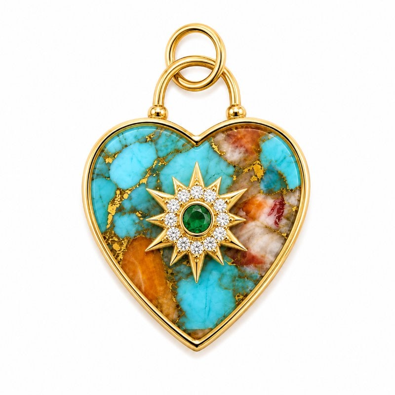 14KT YELLOW GOLD MOHAVE TURQUOISE HEART-SHAPED PENDANT WITH EMERALD AND DIAMONDS: 14KT. GOLD WT. APPROX. 1.80 GRAMDIAMOND WT. APPROX. 0.08 CARATMOHAVE TURQUOISE AND EMERALD WT. APPROX. 5.50 CARATSIZE: 24 MM X 18 MM