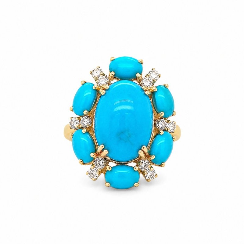 14KT YELLOW GOLD TURQUOISE AND DIAMOND RING: 14KT GOLD WT. APPROX. 3.64 GRAMDIAMOND WT. APPROX. 0.44 CARAT / 12 PCSTURQUOISE WT. APPROX. 7.30 CARAT / 7 pcs AVAILABLE IN SIZE 6.50