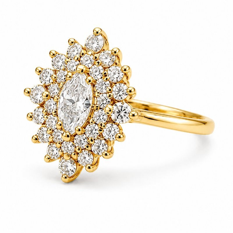 14KT GOLD MARQUISE DIAMOND HALO RING: 14KT YELLOW GOLD MARQUISE DIAMOND HALO RING14KT GOLD WT. APPROX. 2.856 GRAMCENTER DIAMOND WT. APPROX. 0.23 CARAT / 1 PCSDIAMOND WT. APPROX. 0.39 CARAT / 30 PCS