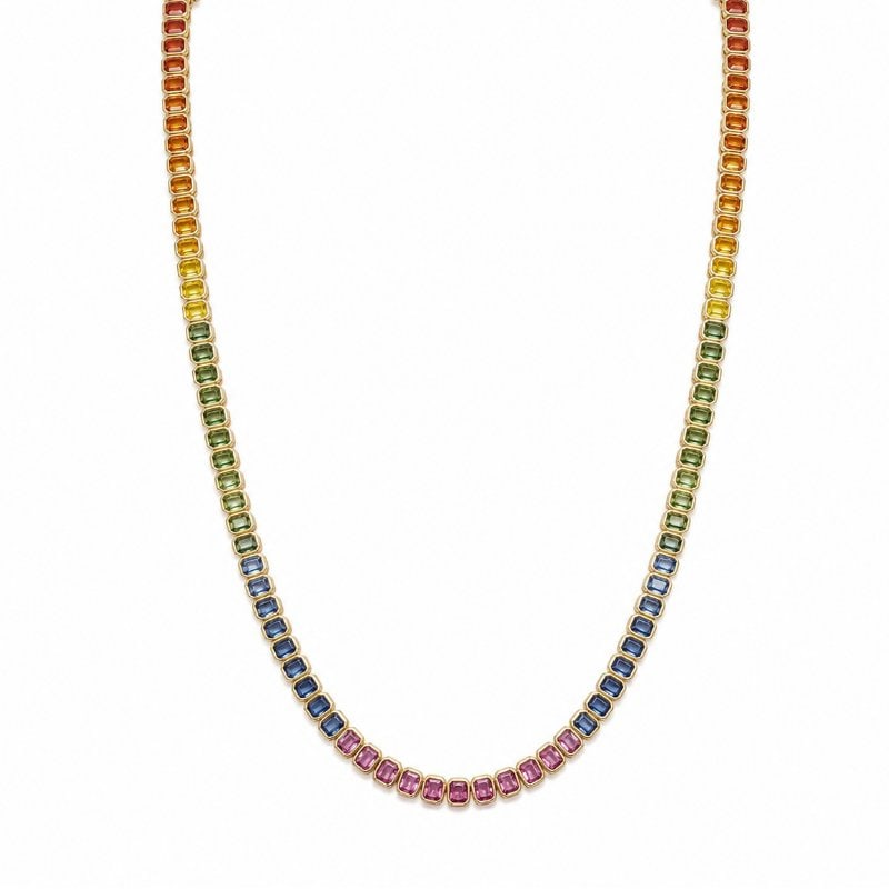 14KT GOLD MULTI SAPPHIRE NECKLACE: 14KT YELLOW GOLD MULTI SAPPHIRE NECKLACE 16.5"14KT GOLD WT. APPROX. 19.81 GRAMMULTI SAPPHIRE WT. APPROX. 17.12 CARAT / 86 PCSM. SAPP. SIZE APPROX.: 6 MM X 5 MM16.5 INCH LONG