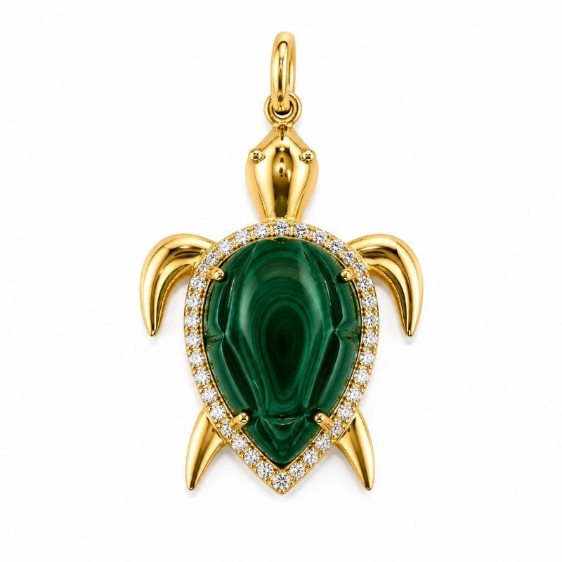 14KT YELLOW GOLD MALACHITE AND DIAMONDS TURTLE PENDANT
