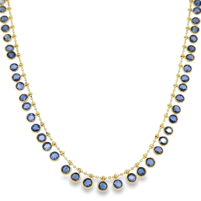 14KT YELLOW GOLD ROUND SHAPE BLUE SAPPHIRE DANGLING NECKLACE: 14KT YELLOW GOLD ROUND SHAPE SAPPHIRE DANGLING NECKLACE 18"14KT GOLD WT. APPROX. 3.40 GRAMBLUE SAPPHIRE WT. APPROX. 4.50 CARAT / 41 PCS18 INCH LONG