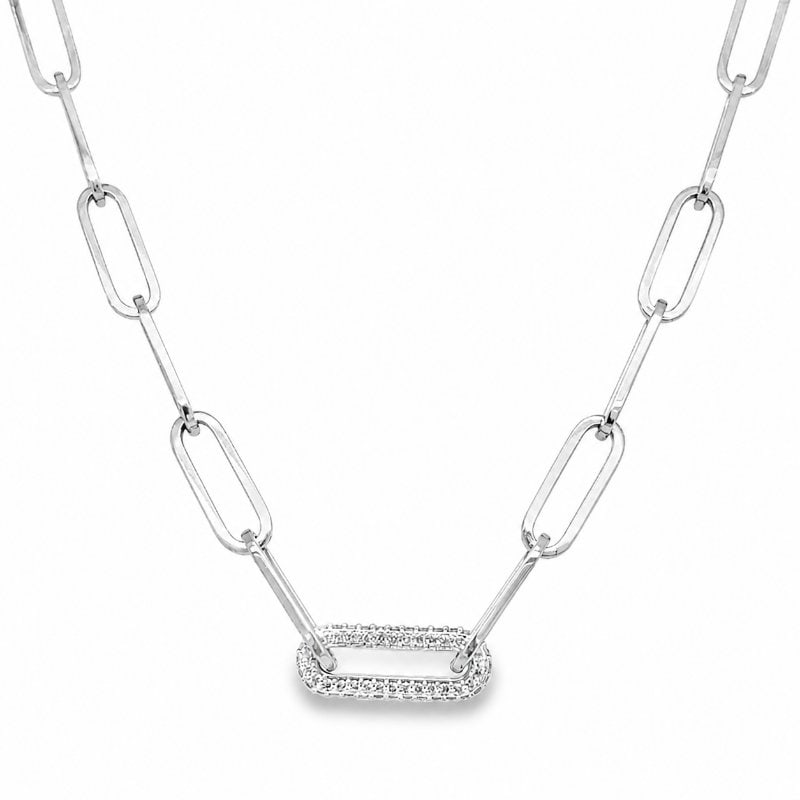 14KT GOLD PAPERCLIP CHAIN WITH ONE DIAMOND LINK NECKLACE: 14KT GOLD PAPERCLIP CHAIN WITH ONE DIAMOND LINK NECKLACE 18"14KT. GOLD WT. APPROX. 9.49 GRAMDIAMOND WT. APPROX. 0.63 CARATLENGTH: 18"LINK SIZE APPROX. - 6.2 MM WIDE X 17.7 MM LONG X 1.3 MM THICK