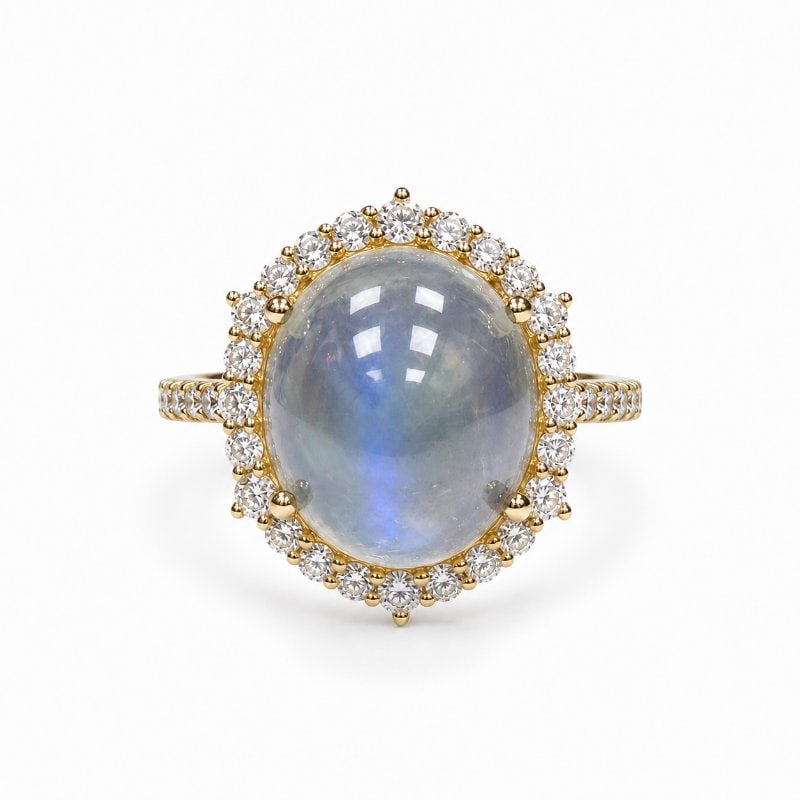 14KT YELLOW GOLD RAINBOW MOONSTONE AND DIAMONDS RING: 14KT GOLD WT. APPROX. 3.73 GRAMDIAMOND WT. APPROX. 0.42 CARAT / 44 PCSRMS WT. APPROX. 5.73 CARAT