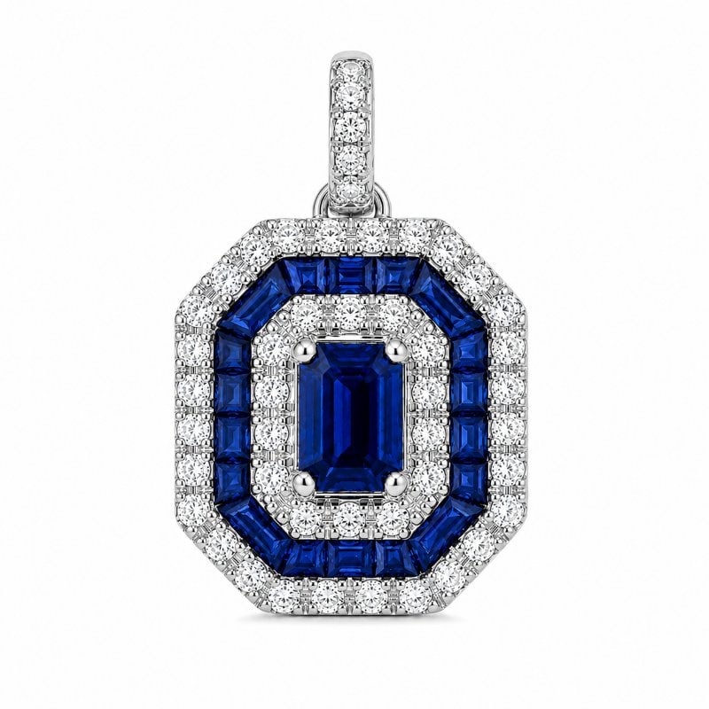 14KT GOLD DIAMOND AND BLUE SAPPHIRE PENDANT: 14KT. GOLD WT. APPROX. 2.00 GRAMDIAMOND WT. APPROX. 0.38 CT/ 45 PCSBLUE SAPPHIRE WT. APPROX. 1.44 CT/ 19 PCSSIZE:APPROX: 13 X 15.5 MM (WITHOUT LOOP)