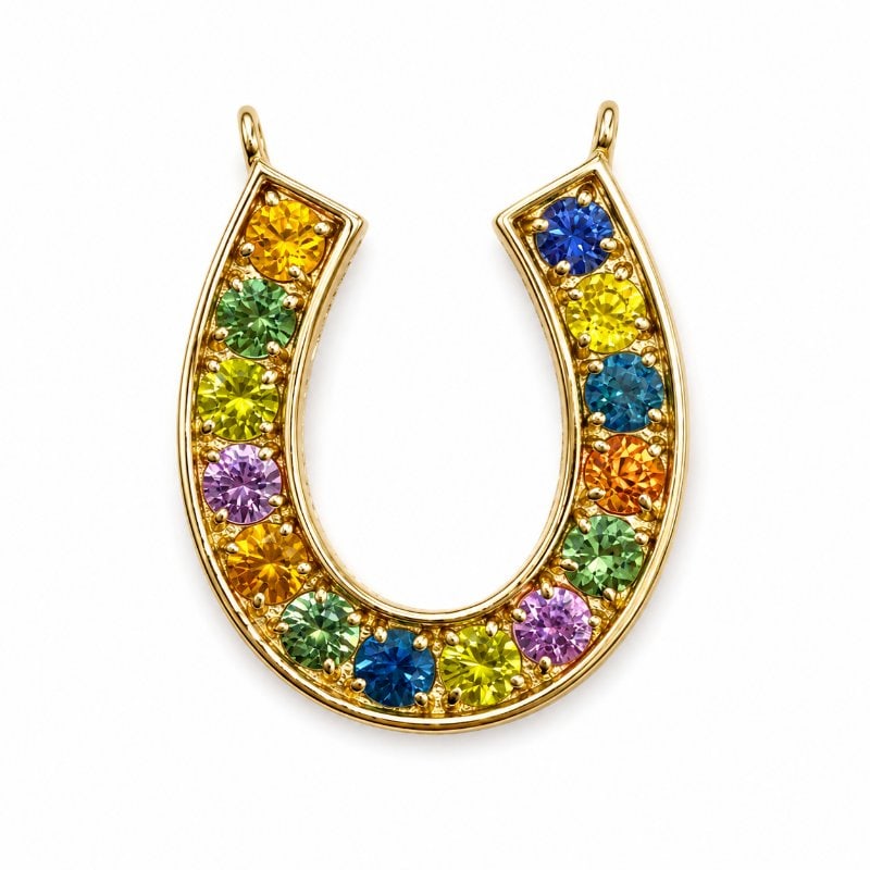 14KT YELLOW GOLD HORSESHOE PENDANT WITH MULTI SAPPHIRE: 14KT. GOLD WT. APPROX. 1.50 GRAMMULTI SAPPHIRE WT. APPROX. 0.85 CT/ 14PCSSIZE: APPOX. 17MM X 15MM
