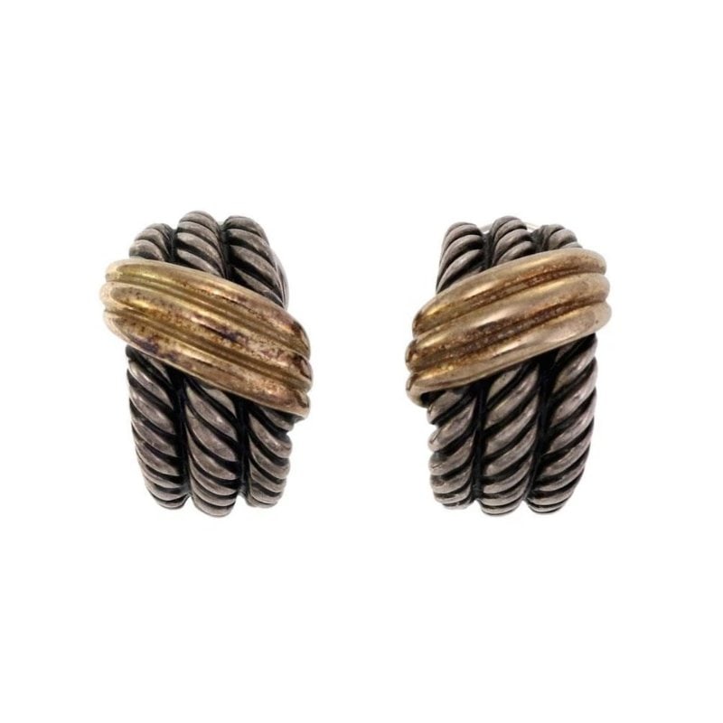 David Yurman Sterling Silver 14k Yellow Gold 3 Cable Earrings LIQUIDATION!: This is a lovely pair of authentic earrings by David Yurman. It is crafted from sterling silver with 14k yellow gold accent featuring a triple cable wire curved hoop in sterling silver with a yellow g