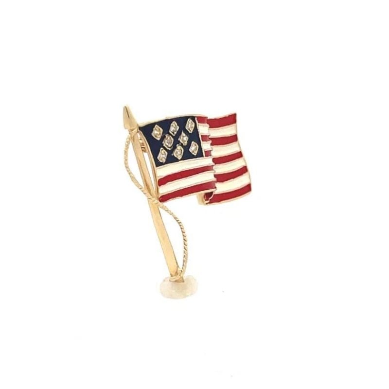 Diamond Enamel USA Flag Pin 14k Yellow Gold: This is a classic and iconic pin, it is the flag of the United States in 14k yellow gold with the stars as diamonds in blue enamel and red and white stripes. The pin has the 14k gold content stamp.Mat