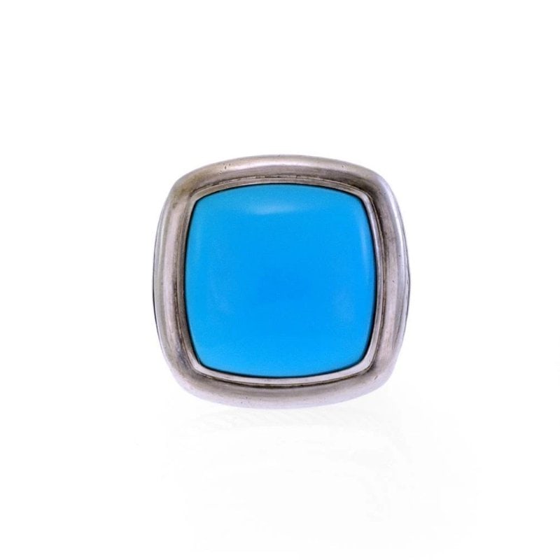 David Yurman Albion Turquoise Sterling Large Cushion Ring: This beautiful authentic ring is by David Yurman from the Albion Collection. Crafted from sterling silver featuring a wide shank with a slim cable design around the base andÂ the top center 