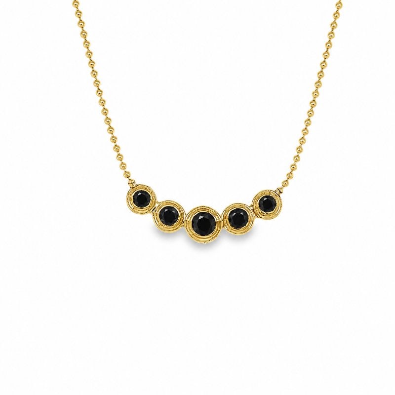14KT YELLOW GOLD BLACK DIAMOND BAR NECKLACE: 14KT YELLOW GOLD BLACK DIAMOND BAR BALL CHAIN NECKLACE 18"14KT GOLD WT. APPROX. 2.25 GRAMBLACK DIAMOND WT. APPROX. 0.70 CARAT/ 5 PCSLENGTH: 18 INCHES LONG18" LONG CHAIN WITH ADJUSTABLE RING ON 16 "