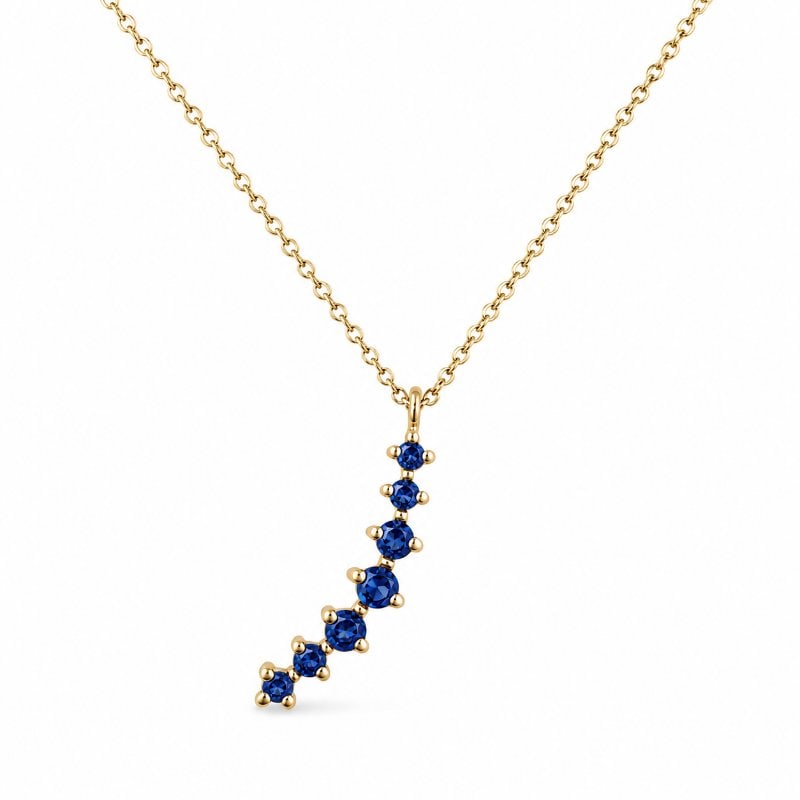 14KT YELLOW GOLD BLUE SAPPHIRE CURVED NECKLACE: 14KT YELLOW GOLD BLUE SAPPHIRE CURVED SEVEN-STONE NECKLACE 18"14KT GOLD WT. APPROX. 1.07 GRAMBLUE SAPPHIRE WT. APPROX. 0.15 CTS/ 7 PCS