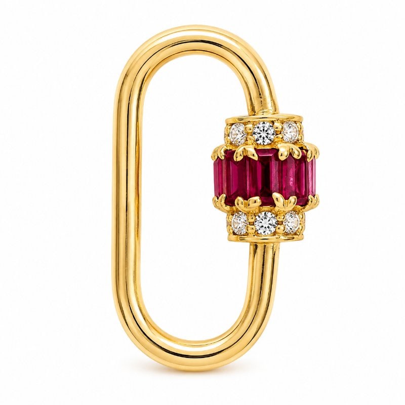 14KT GOLD RUBY AND DIAMONDS CARABINER LOCK PENDANT: 14KT YELLOW GOLD RUBY AND DIAMONDS CARABINER LOCK PENDANT14KT GOLD WT. APPROX. 1.86 GRAMRUBY WT. APPROX. 0.59 CTSDIAMONDS WT. APPROX. 0.16 CTSSIZE APPROX. - 19 X 12 MM