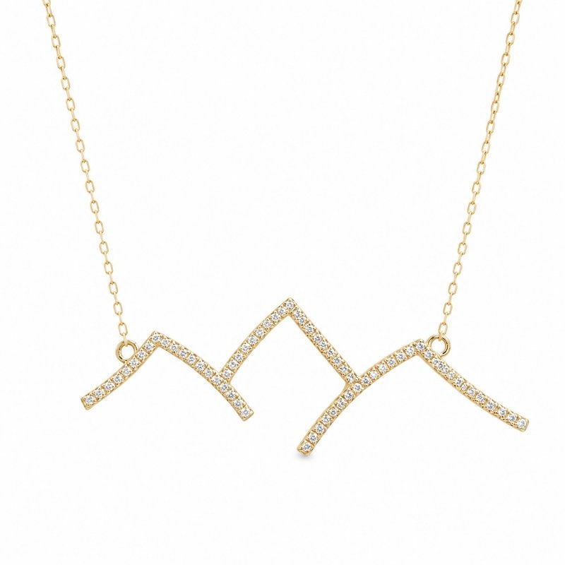 14KT YELLOW GOLD DIAMOND MOUNTAIN NECKLACE: 14KT YELLOW GOLD DIAMOND MOUNTAIN PEAK NECKLACE 20"14KT GOLD WT. 3.00 GRAMDIAMOND WT. APPROX. 0.75 CARAT 20-INCH-LONG ADJUSTABLE RING AT 18" AND 19"PENDENT SIZE: APPROX: 62 X 22 MM