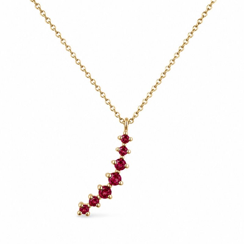 14KT YELLOW GOLD RUBY CURVED NECKLACE: 14KT YELLOW GOLD RUBY CURVED SEVEN-STONE NECKLACE 18"14KT GOLD WT. APPROX. 1.07 GRAMEMERALD WT. APPROX. 0.15 CTS/ 7 PCS