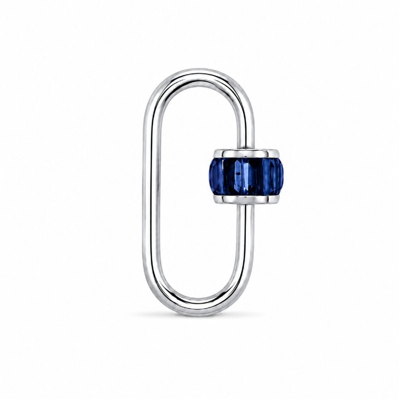 14KT GOLD BLUE SAPPHIRE CARABINER LOCK PENDANT: 14KT WHITE GOLD BLUE SAPPHIRE CARABINER LOCK PENDANT14KT GOLD WT. APPROX. 1.75 GRAMBLUE SAPPHIRE WT. APPROX. 0.85 CTSSIZE APPROX. - 19 X 12 MM