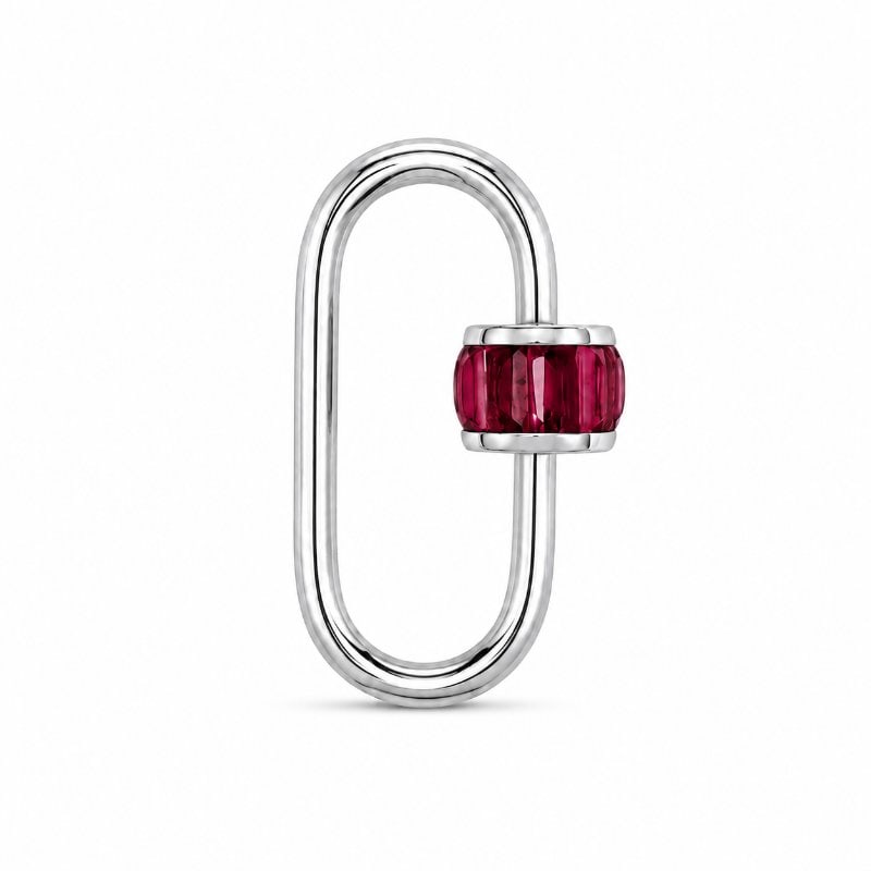 14KT GOLD RUBY CARABINER LOCK PENDANT: 14KT WHITE GOLD RUBY CARABINER LOCK PENDANT14KT GOLD WT. APPROX. 2.13 GRAMRUBY WT. APPROX. 1.00 CTSSIZE APPROX. - 19 X 12 MM