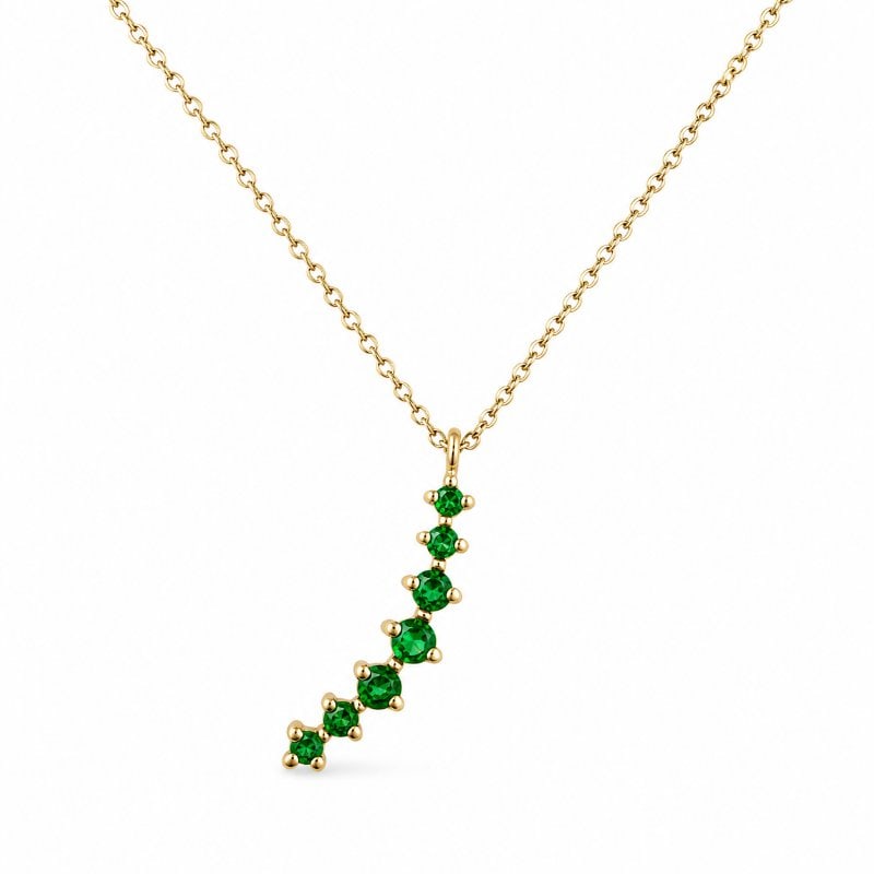 14KT YELLOW GOLD EMERALD CURVED NECKLACE: 14KT YELLOW GOLD EMERALD CURVED SEVEN-STONE NECKLACE 18"14KT GOLD WT. APPROX. 1.07 GRAMEMERALD WT. APPROX. 0.15 CTS/ 7 PCS