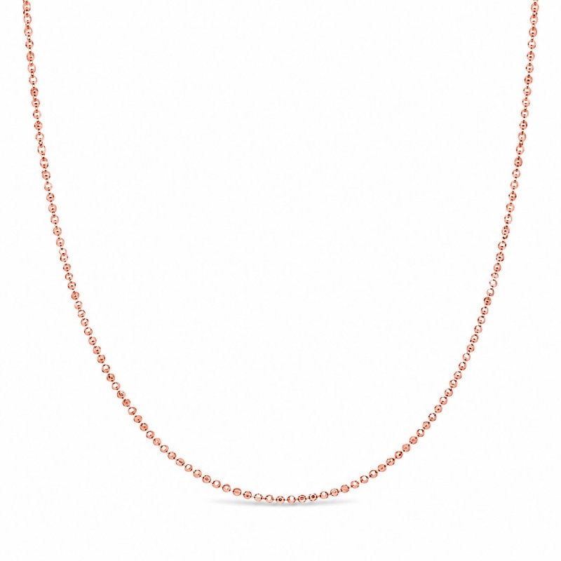 14KT GOLD DIAMOND CUT BALL CHAIN NECKLACE: 14KT ROSE GOLD DIAMOND CUT BALL CHAIN NECKLACE 16"14KT. GOLD WT. APPROX. 1.55 GRAM18 INCHES LONG CHAIN WITH ADJUSTABLE RING ON 15" AND 14"WIDTH APPROX. - 1 MM
