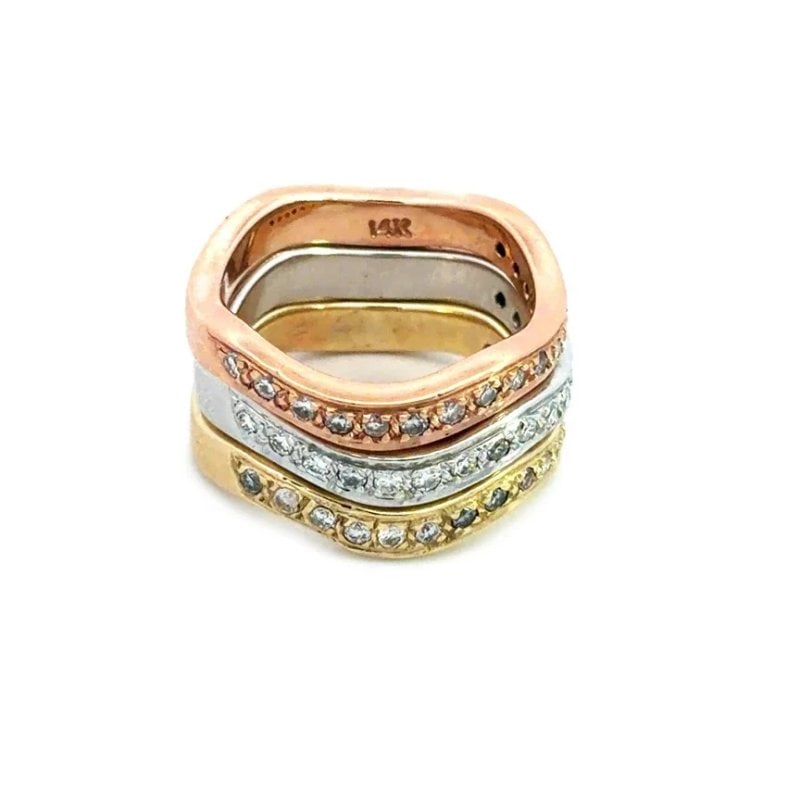 Diamond Gold Triple Stack Bands 14k Tri-Color Wave Style Rings Size 7: The Diamond Gold Triple Stack Bands are stunning 14k yellow rose and white gold in a stackable wave style featuring natural white diamonds in a prong setting across the front half of each band. The mu
