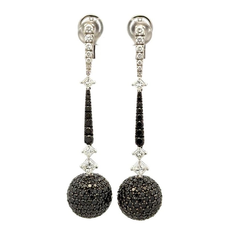 Diamond Gold Dangle Earrings 18k White Black Pave Set Ball Design: This stunning drop dangle earrings are crafted from 18k white gold, they feature a full pave set black natural diamond ball in white prong setting. The long tapered double bars are set with white and 