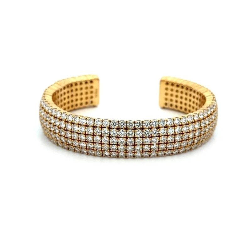 Diamond 15.98ct Gold Bracelet 18k Yellow 5 Row Wide Flex Band: This eye-catching natural diamonds cuff bracelet is crafted from 18k yellow gold featuring 5 rows with small cube shape 4 prong set natural white diamonds with a total with of 15.98 carats. This amazi