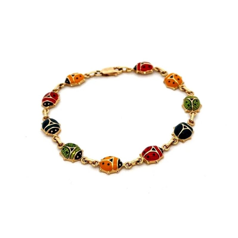 Gold Enamel Lady Bug Bracelet 14k Yellow Multicolor Links: This charming gold bracelet features multicolor enamel ladybugs joined together with small oval links in 14k yellow gold. The vintage bracelet is 7 inches in length and closes with a lobster clasp. Pe