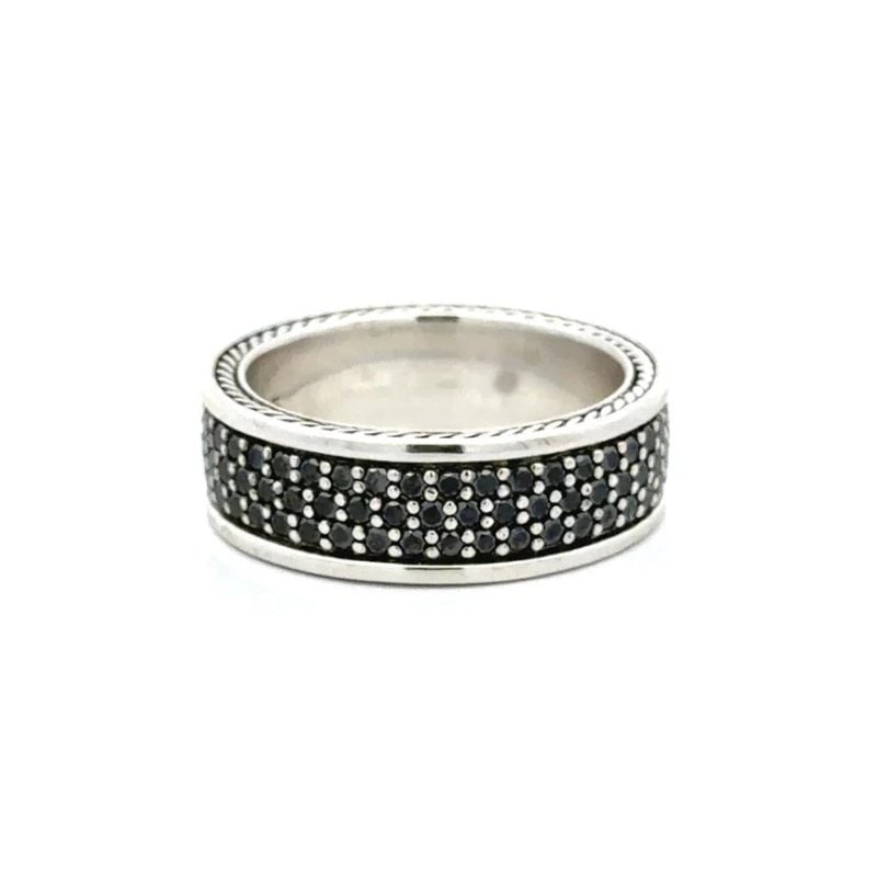 David Yurman Streamline Ring Men's Band Black Diamond Sterling Silver Size 11.5: The product is a stunning David Yurman Streamline Men's Ring featuring the triple rows with black diamond set in sterling silver shared prongs. Both sides of the band have the famous wheat design. The