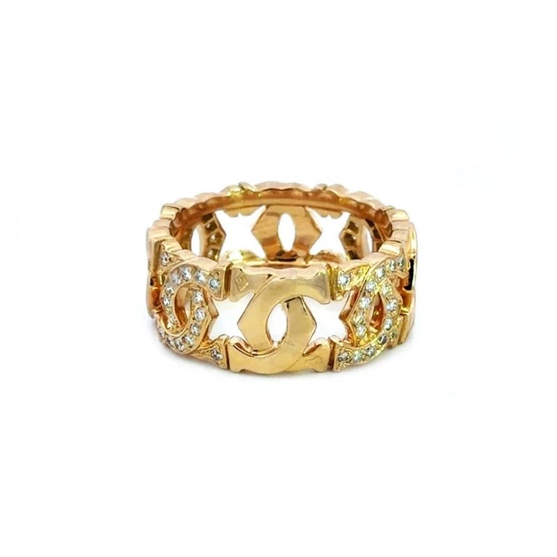 Cartier Entrelaces C de Cartier Gold Ring Diamond 18k Yellow Band Cert Size 6.5: This Cartier Entrelaces C de Cartier Gold Ring features a stunning double interlaced C shaped design with pave set diamond style and 8mm band width. Made with 18k yellow gold and a very good cut grade
