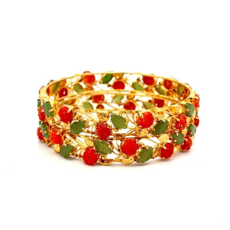 Gold 18k Set of 2 Bangles Coral & Jade Yellow Filigree Floral Style: This gorgeous garden set of 2 bangles are crafted from 18k yellow gold featuring a full circle set with textured milgrain flowing filigree style vines around the 11mm wide bangle decorated with carved