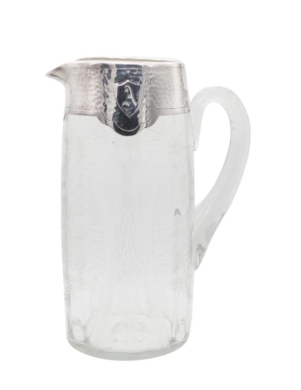 MATTHEWS & CO. 1910 Edwardian Antique Cut Crystal Pitcher With .999 Silver Overlay (1 of 8)