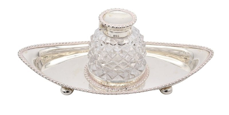 JOHN GRINSELL & SONS 1904 Edwardian Cut Crystal Inkwell Desk Tray In .925 Sterling (1 of 7)
