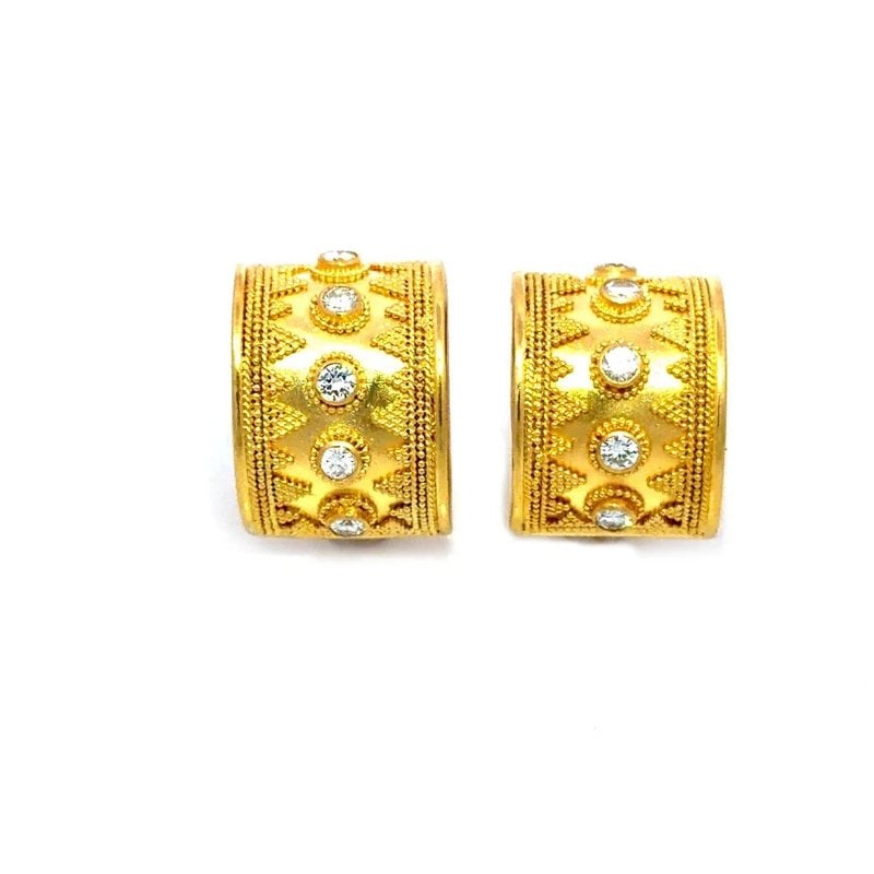 Lalaounis Diamond Gold Earrings Half Hoop 18k Yellow Byzantine Revival: These lovely 18k yellow gold earrings are from the Byzantine Revival Collection by the infamous Greek designer Ilias Lalaounis. The pair features 16mm wide half hoop curved bands with bezel set natura