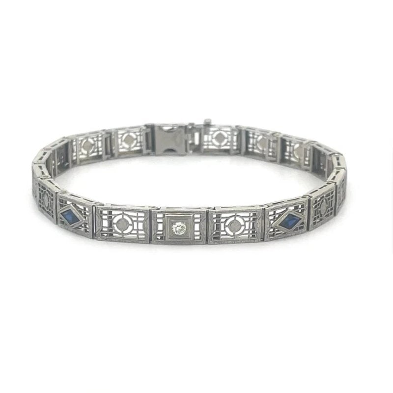 Art Deco Diamond Platinum Bracelet 14k White Gold Filigree Gate Link Style (1 of 8)
