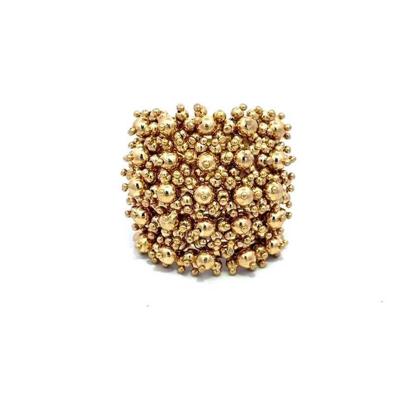 Gold Cluster Beaded Ring 18k Yellow Multiple Split Shank Wide Band: This is an eye-catching wide band featuring 18k yellow gold granulated cluster beads in assorted sizes. It is a stunning piece of jewelry with a wide band with multiple 5 split shank. The rectangular 