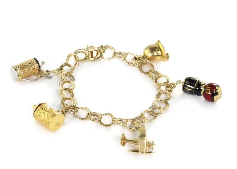 Vintage 14k Two Tone Gold Moveable Enamel 5 Charms Triple Ring Link Bracelet: This is an eye catching vintage charm bracelet, it is crafted from 14k yellow gold with white gold accent. It has a triple ring link bracelet with 5 dangling charms featuring 4 ale tankards in texture