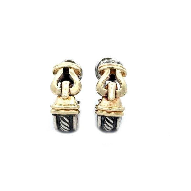 David Yurman Gold Silver Earrings 14k Buckle Hoop Style: These David Yurman gold and sterling silver earrings are a lovely addition to any jewelry collection. Made with 14k yellow gold and silver, they feature an oval shape with an omega back closure for a 