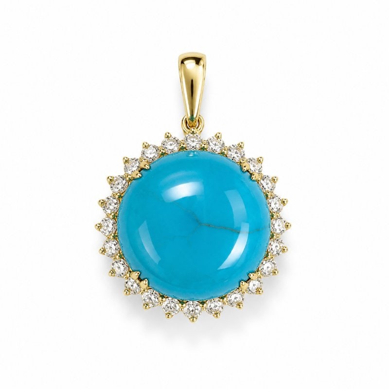 14KT GOLD TURQUOISE DIAMOND PENDANT: 14KT GOLD WT. APPROX. 1.95 GRAMDIAMOND WT. APPROX. 0.42 CARATTURQUOISE WT. APPROX. 6.73 CARAT / 1 PCSSIZE:APPROX: 17 MM (WITHOUT LOOP)