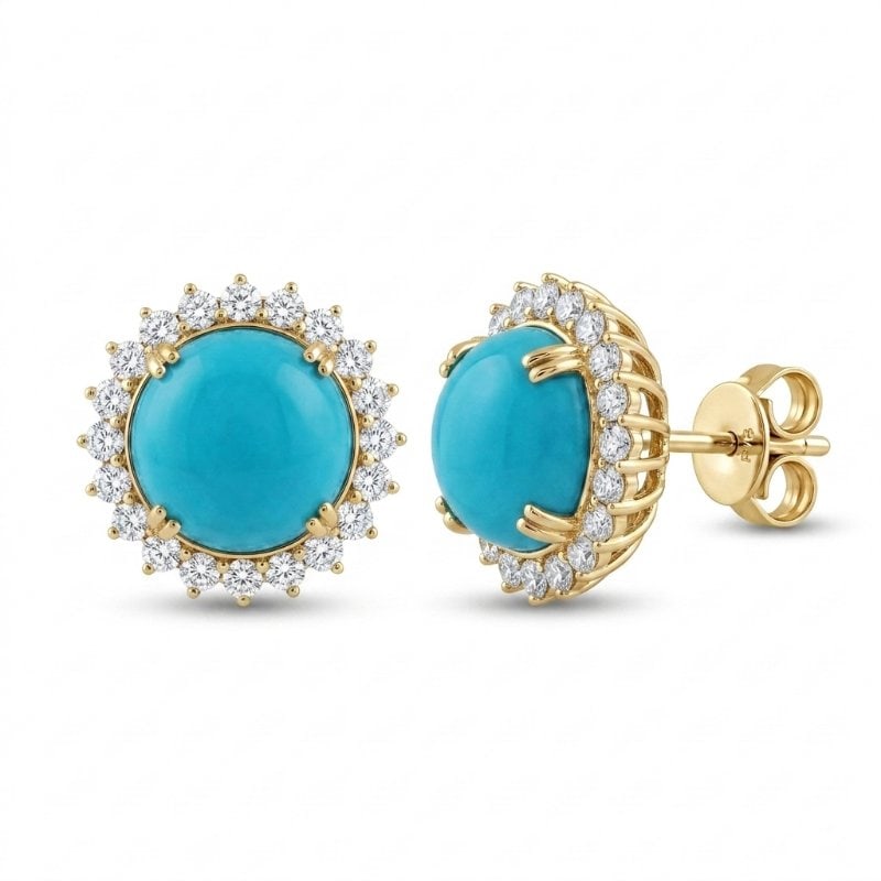 14KT GOLD TURQUOISE DIAMOND EARRINGS: 14KT GOLD WT. APPROX. 2.05 GRAMDIAMOND WT. APPROX. 0.34 CARATTURQUOISE WT. APPROX. 3.83 CARAT / 2 PCSSIZE:APPROX: 11.5 MM