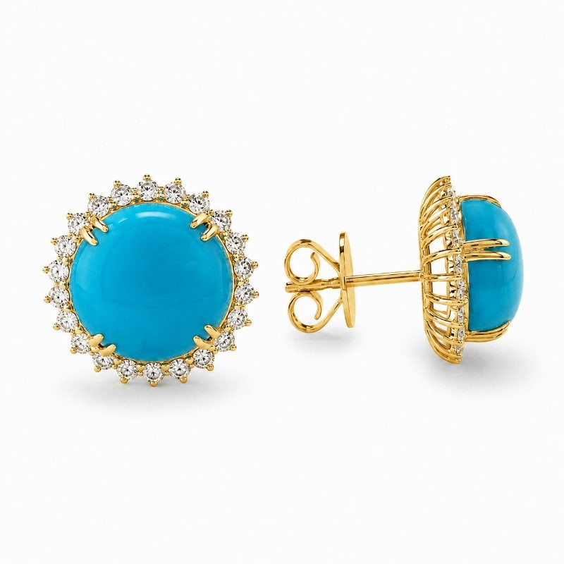 14KT GOLD TURQUOISE DIAMOND EARRINGS: 14KT GOLD WT. APPROX. 2.85 GRAMDIAMOND WT. APPROX. 0.41 CARATTURQUOISE WT. APPROX. 6.62 CARAT / 2 PCSSIZE:APPROX: 13.5 MM