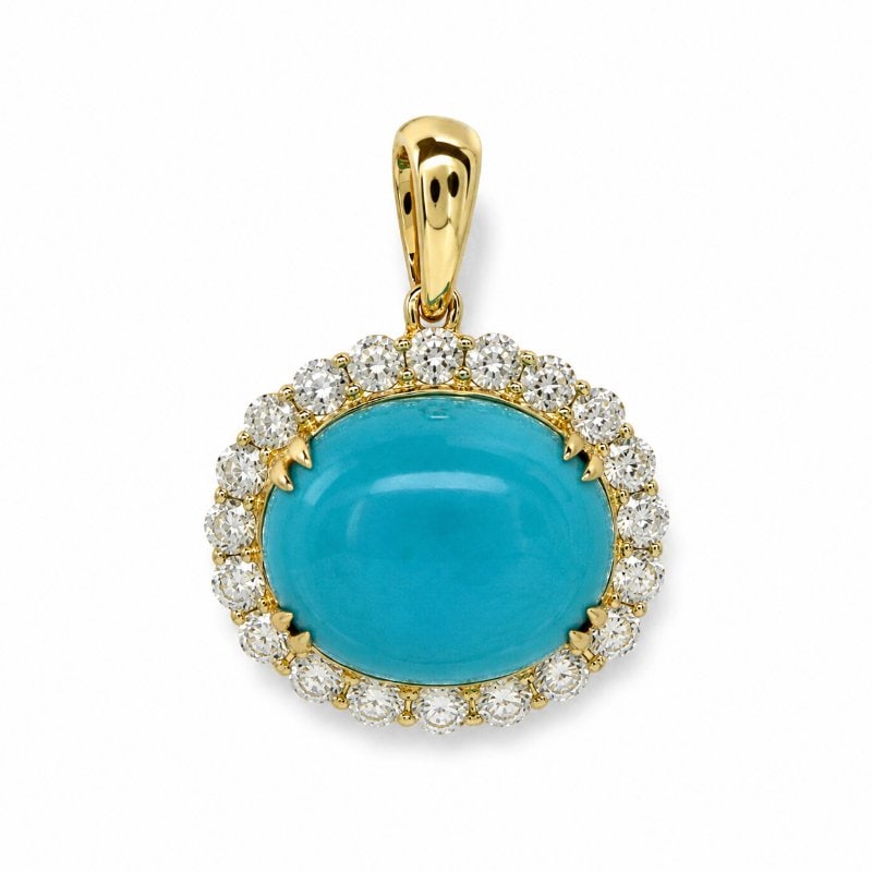 14KT GOLD TURQUOISE DIAMOND PENDANT: 14KT GOLD WT. APPROX. 1.70 GRAMDIAMOND WT. APPROX. 0.66 CARATTURQUOISE WT. APPROX. 4.31 CARAT / 1 PCSSIZE:APPROX: 16.5 X 14.5 MM (WITHOUT LOOP)