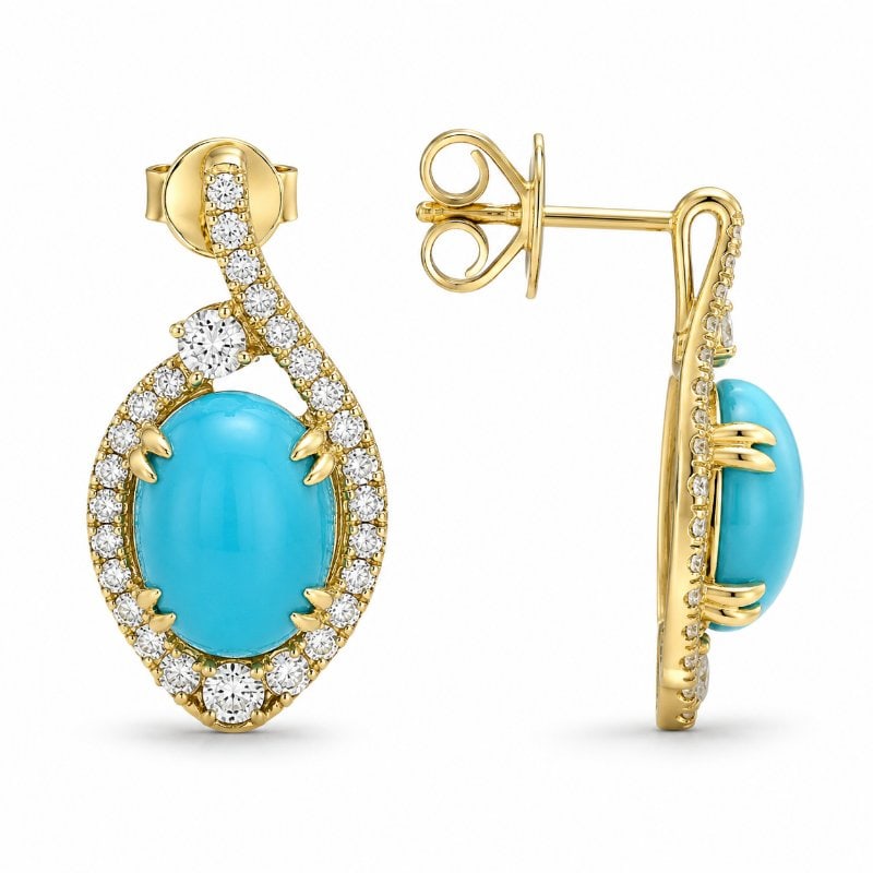 14KT GOLD TURQUOISE DIAMOND EARRINGS: 14KT GOLD WT. APPROX. 3.40 GRAMDIAMOND WT. APPROX. 0.72 CARATTURQUOISE WT. APPROX. 4.59 CARAT / 2 PCSSIZE:APPROX: 12 X 20 MM