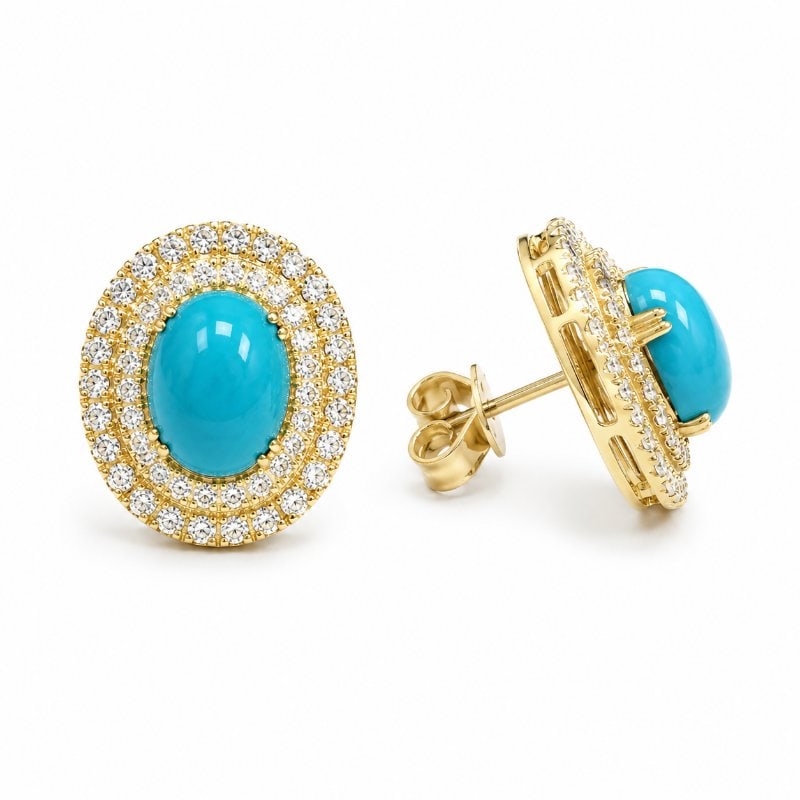 14KT GOLD TURQUOISE DIAMOND EARRINGS: 14KT GOLD WT. APPROX. 5.40 GRAMDIAMOND WT. APPROX. 1.61 CARATTURQUOISE WT. APPROX. 4.95 CARAT / 2 PCSSIZE:APPROX: 17 X 19 MM