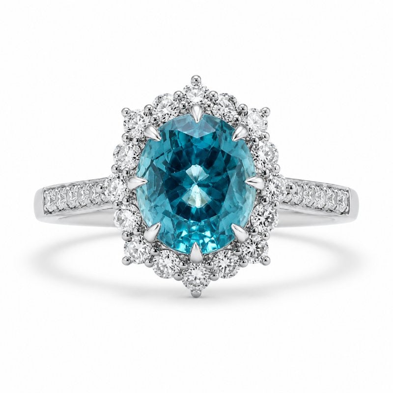 14KT GOLD NATURAL ZIRCON DIAMOND RING: 14KT WHITE GOLD NATURAL ZIRCON DIAMOND RING14KT GOLD WT. APPROX. 2.20 GRAMDIAMOND WT. APPROX. 0.59 CARATNATURAL ZIRCON WT. APPROX. 3.55 CARAT / 1 PCSSize: 7